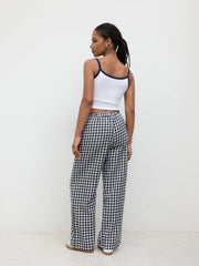 Cotton-blend U-neckline Bowknot Cami Top & High Rise Gingham Wide Leg Trousers Set