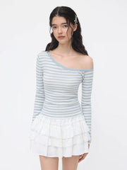 Knit Wool-blend Asymmetrical Neck Stripe Long Sleeve Top