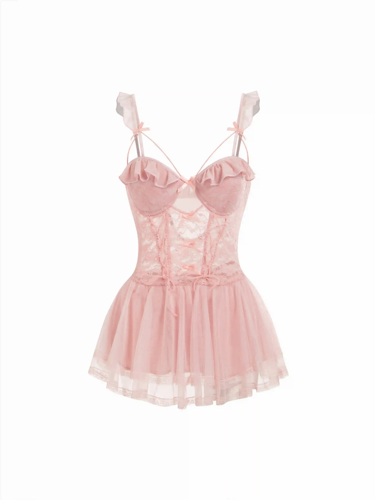 Sweetheart Floral Lace Bowknot Lace Up Lingerie With Thong Set