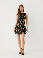 Jacquard Floral Boat Neck Cut Out Mini Dress