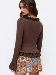 V-neck Lettuce Trim Layered Ruffle Hem Lace Patched Bell Sleeve Top