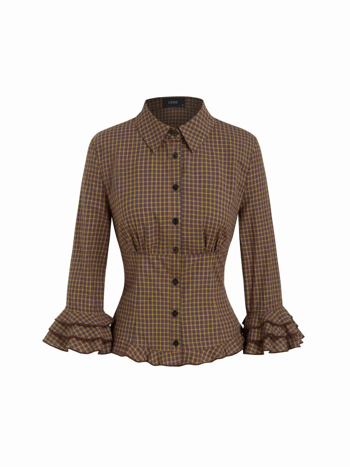 Cotton-blend Plaid Collar Lettuce Trim Layered Sleeve Shirt