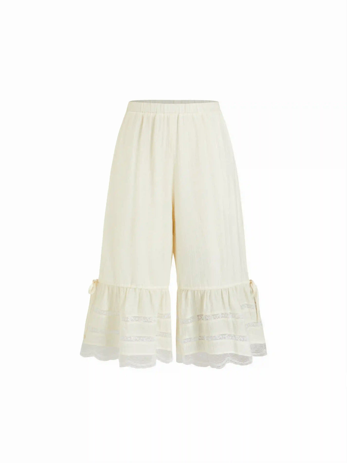 Textured Mid Rise Lace Panel Ruffle Hem Capri Shorts