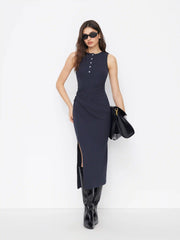 Cotton-blend Round Neckline Twist Side Split Maxi Dress
