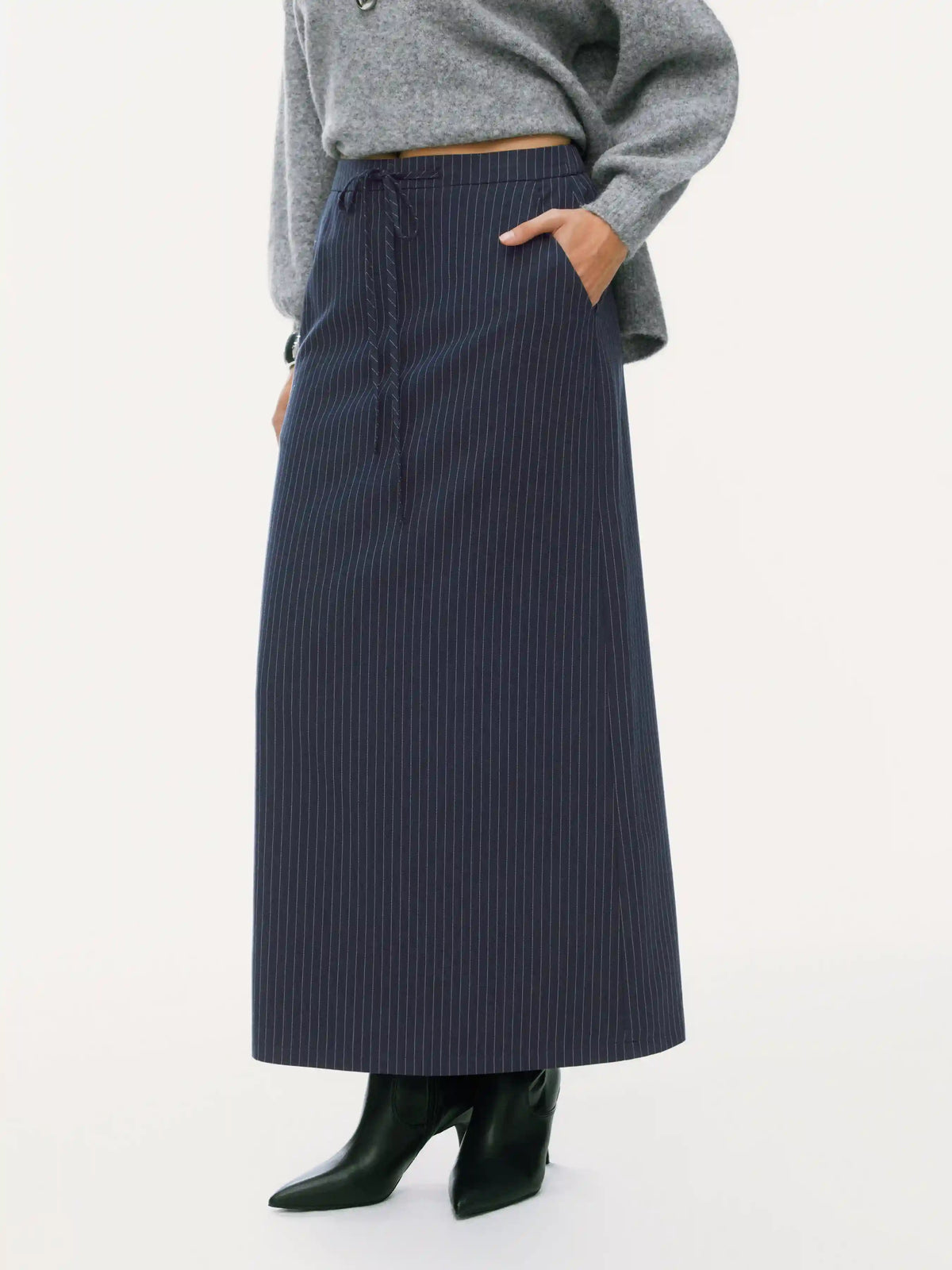 Mid Rise Striped Drawstring Pocket Maxi Skirt