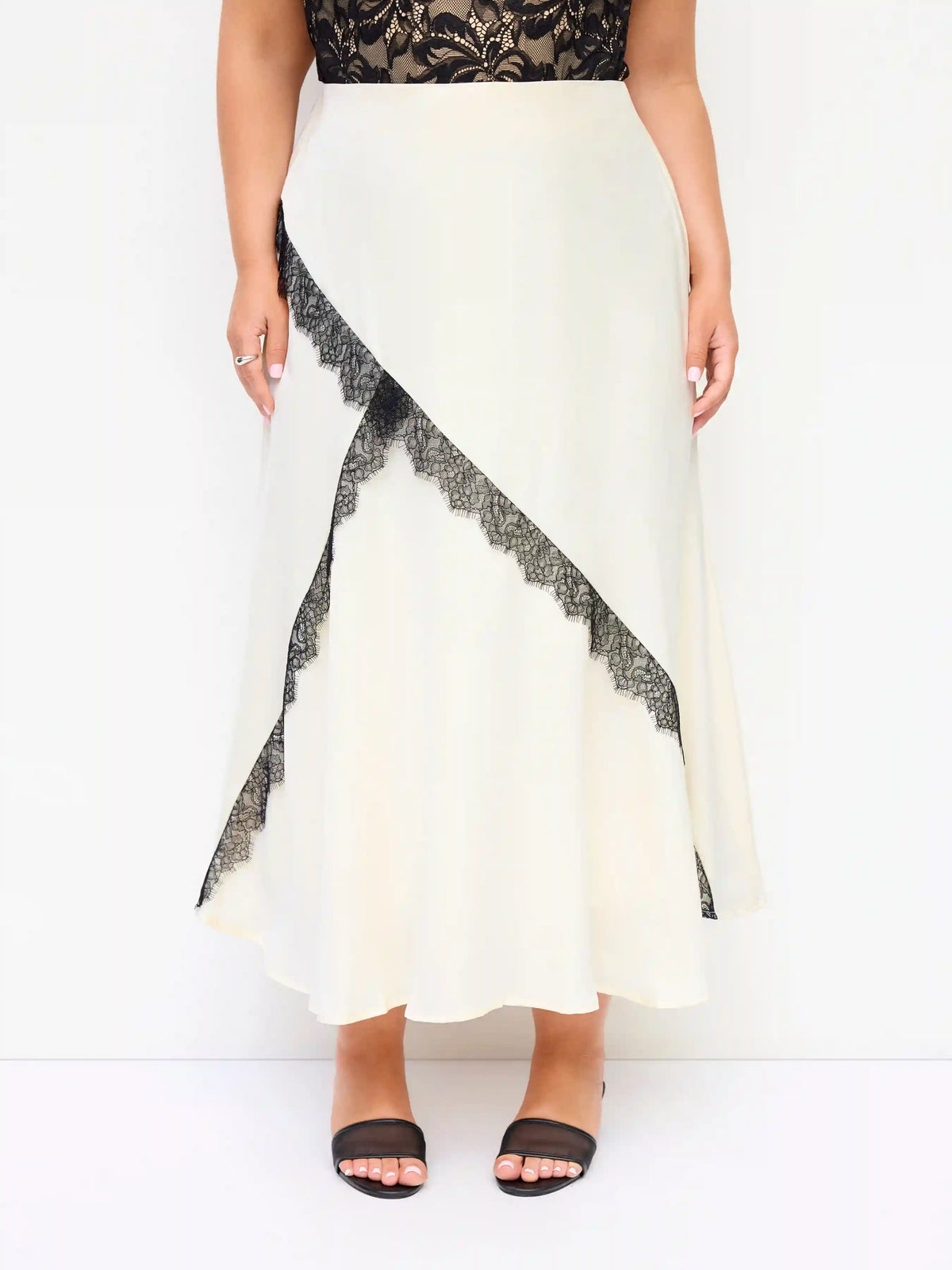 Satin Mid Rise Lace A-line Maxi Skirt Curve & Plus