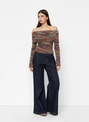 Textured Off-shoulder Striped Ruched Top