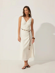 Textured V-neck Sleeveless A-line Maxi Dress With Beaded Belt