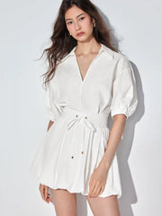 Cotton-blend Puff Sleeve Drawstring Bubble Hem Shirt Mini Dress
