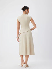 Mock Neck Ruched Asymmetrical Hem Top & Mid Rise A-line Midi Skirt Set