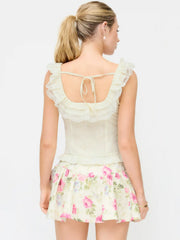 Square Neck Ruffled Smocked Lace Trim Crop Blouse