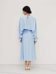 Cotton-blend Ruffle Slip Maxi Dress With Round Neckline Shirred Sleeve Blouse