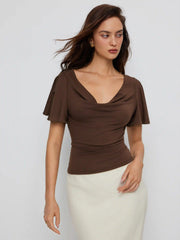 High Stretch Cowl Neck Ruffle Sleeve Tee