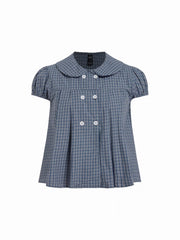 Cotton Gingham Peter Pan Collar Puff Sleeve Pleated Oversized Blouse