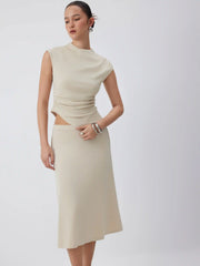 Mock Neck Ruched Asymmetrical Hem Top & Mid Rise A-line Midi Skirt Set