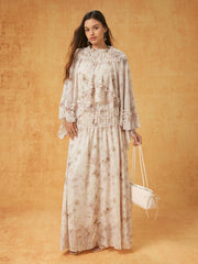 Chiffon Floral Stand Collar Oversized Cropped Top & Mid Rise Ruffled Maxi Skirt Set
