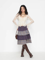 Cotton Mid Rise Check & Floral Two Tone Layered Midi Skirt