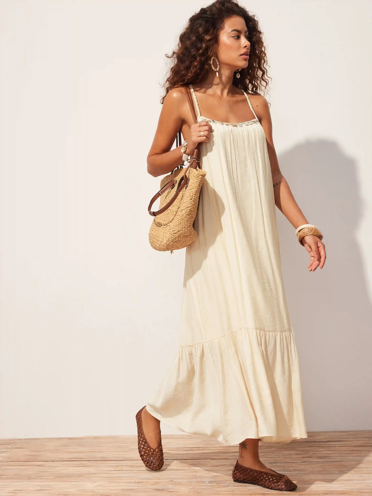 Braided Strap Shell Detail Ruffle Hem Tie Back Oversized Maxi Dress