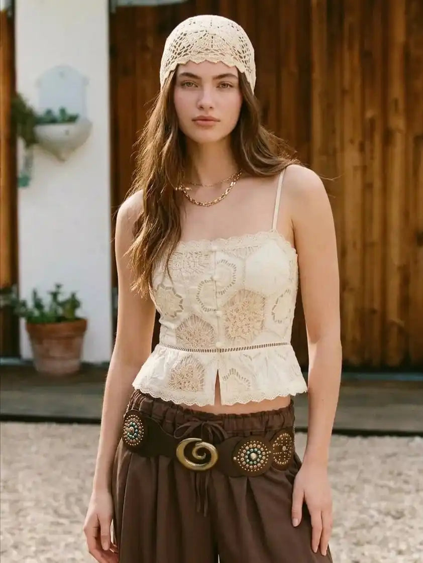 Cotton-blend Broderie Anglaise Lace Peplum Hem Cami Crop Top