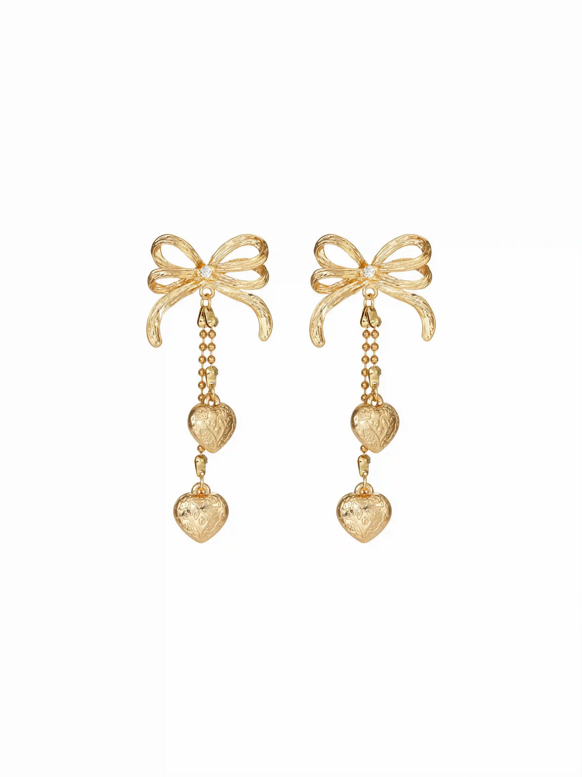TEXTURED BOWKNOT & HEART DROP EARRINGS