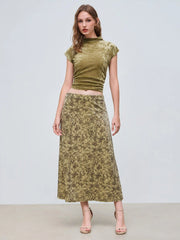 Velvet Mid Rise Floral Maxi Skirt