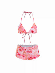 Halter Floral & Leopard Lettuce Trim Triangle Bikini Set