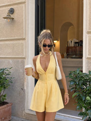 Linen-blend V-neck Button Bowknot Backless Romper