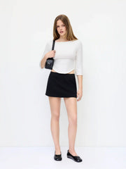 Knit Fabric Boat Neck Curved-Hem Long Sleeve Tee