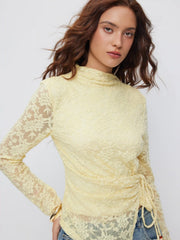 Textured Floral High Neck Long Sleeve Beaded Wrap Tie Side Ruched Top
