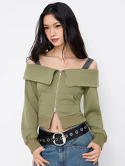 Terry Off-shoulder Zip Through Long Sleeve Two Tone Sweatshirt