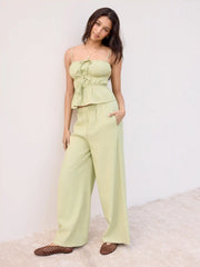 Linen-blend Bowknot Shirred Cami Top & Mid Rise Elastic Waist Trousers Set
