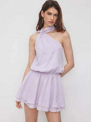 Asymmetrical Neck Mental Detail Belted Layered Mini Dress With Scarf
