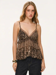 Chiffon Leopard V-neck Lace Trim Cami Top
