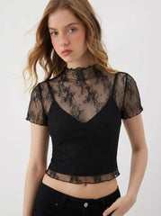 High Neck Lace Floral Top & Solid Crop Cami Top Set