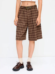 Tartan Mid Rise Pleated Bermuda Shorts With Belt