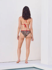V-neck Leopard Contrasting Binding Knotted Halter Bikini Set