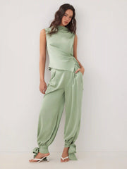 Satin Stand Collar Wraped Knotted Top & Mid Rise Bloomer Pants Set