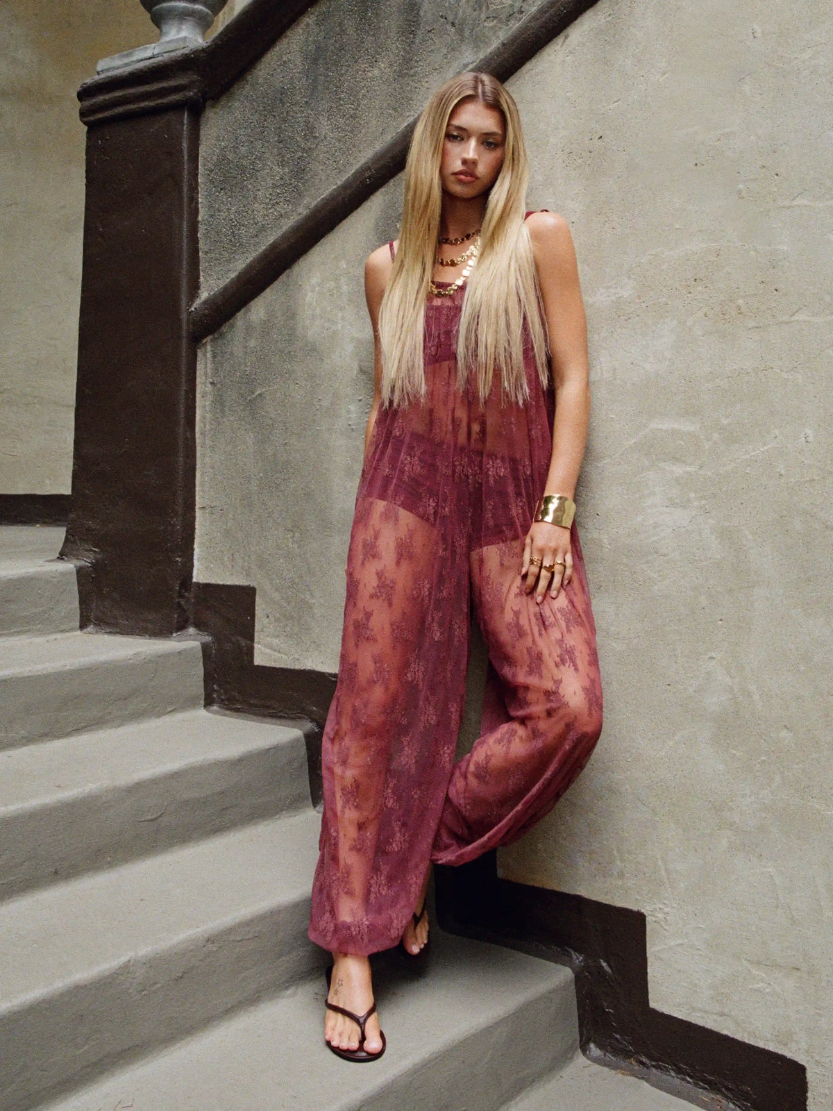 Lace Square Neck Oversized See-Through Barrel Leg Jumpsuits