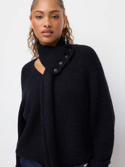 Knit V-neck Button Long Sleeve Oversized Top With Scarf