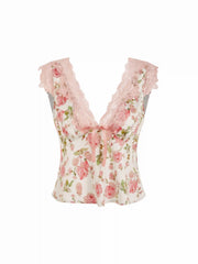 Satin V-neck Floral Bowknot Top & Low Rise Drawstring Lace Trim Shorts Loungewear Set