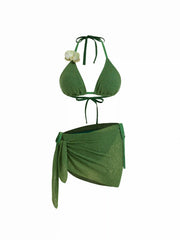 Halter Neckline Floral Decor Triangle Tie Side Bikini with Sarong Curve & Plus