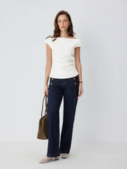 Linen-blend Boat Neck Ruched Cut Out Tie Back Top