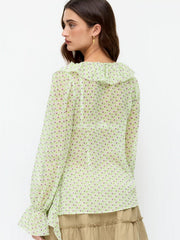 Chiffon V-neck Geometric Lettuce Trim Ruffle Bell Sleeve Blouse