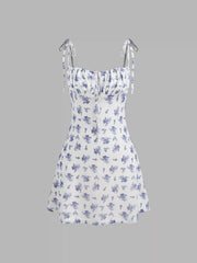 Mesh Scoop Neckline Floral Knotted Mini Dress