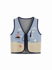 Knit Cotton-blend Beach Scenery Graphic Embroidery Tie Front Vest
