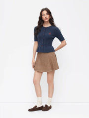 Cable Knit Cherry Embroidery Round Neckline Ruffled Hem Top