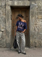 Cat Graphic Asymmetrical Neck Short Sleeve Tee