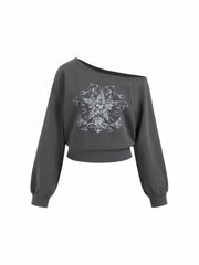 Terry Asymmetrical Neck Star Graphic Crop Sweatshirt