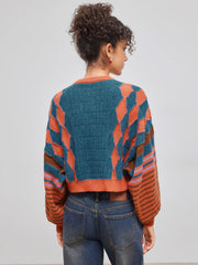 Knit Round Neckline Striped Geometric Cardigan