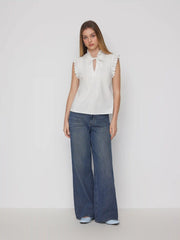 Cotton-blend Stand Collar Lace Panel Ruffled Oversized Blouse Oversized